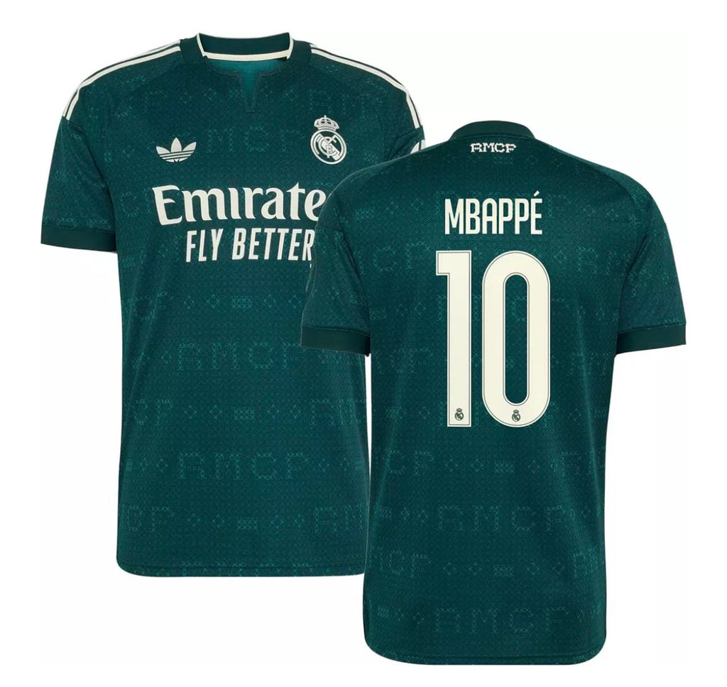 Real Madrid green Mbappé number 10 jersey front and back